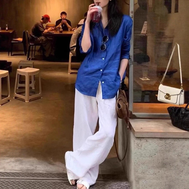 Old Money Style Linen Shirt for Women 2026 Autumn New Sun-Protective White Cotton-Linen Shirt High-End Wide-Leg Pants Set