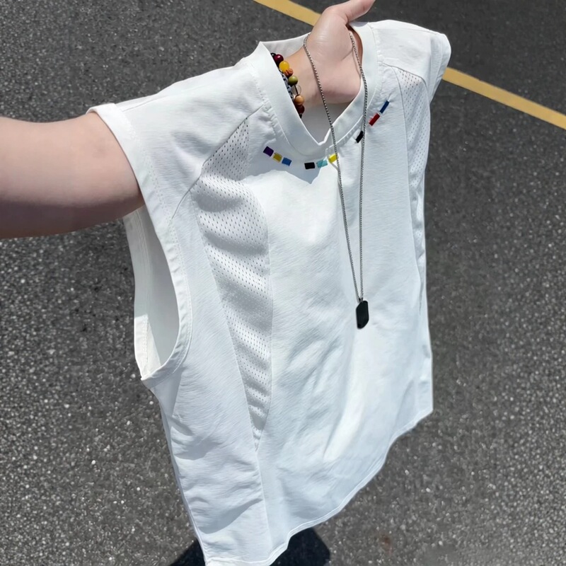White Mesh Breathable Sleeveless T-Shirt for Men, Summer Ice Silk Cool Basketball Vest with American-Style Embroidery White Mesh Breathable Sleeveless T-Shirt for Men, Summer Ice Silk Cool Basketball Vest with American-Style Embroidery