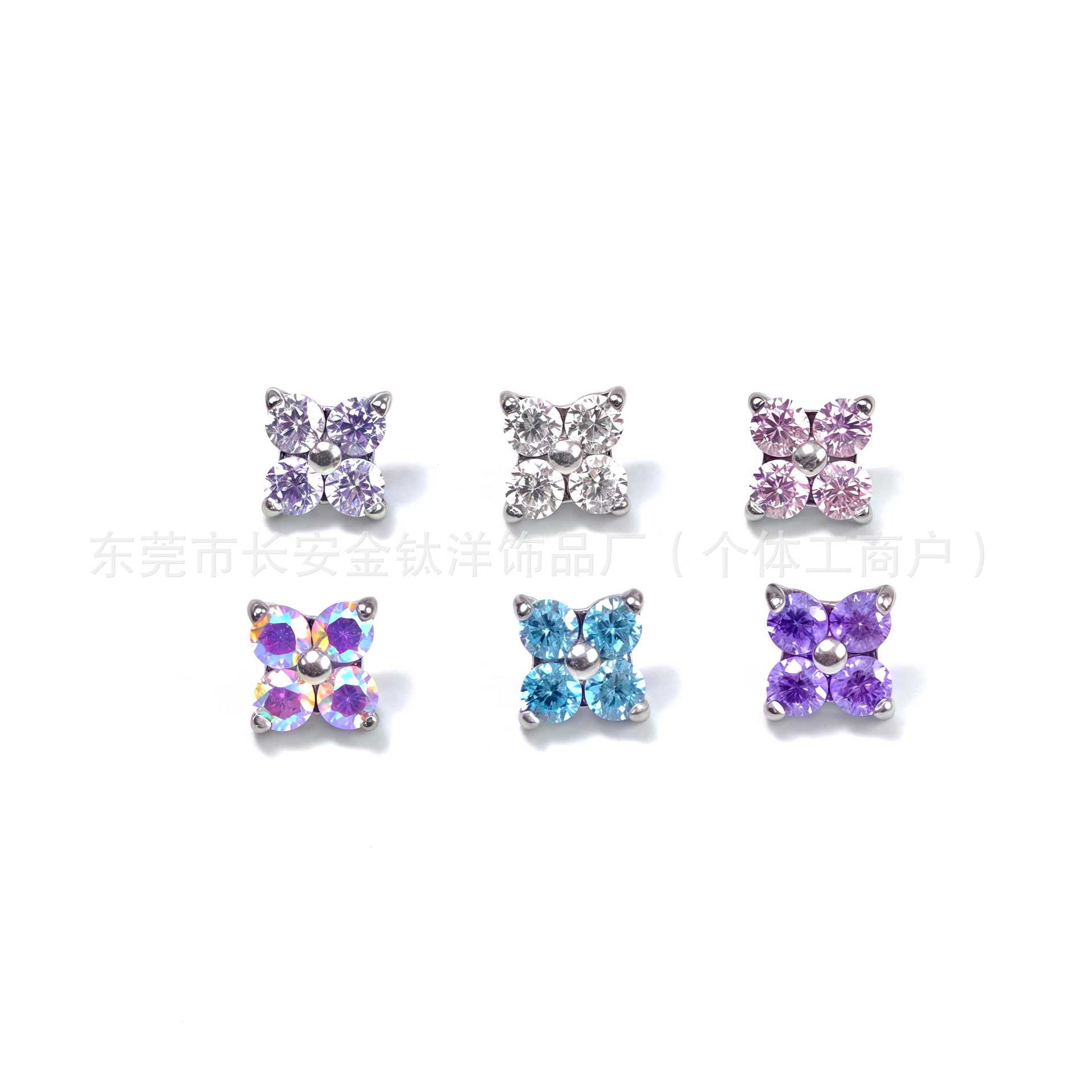 F136 Titanium Four-Leaf Clover Inlaid with 5A Zircon Lip Nail Earrings Ear Bone Nail G23 Titanium Alloy Ear Bone Piercing Jewelry detail image 8