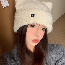 帽子女针织可爱猫耳朵针织帽爱心刺绣针织毛线帽冬季保暖护耳冷帽