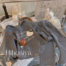 批女童秋季套装韩国女宝宝小猫连帽卫衣洋气显瘦条纹喇叭裤两件套