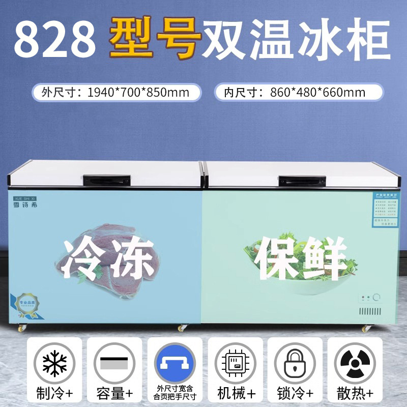 Congelador Xueshixi Congelador comercial horizontal de gran capacidad refrigerado Congelador grande de doble uso Refrigerador de temperatura simple y doble
