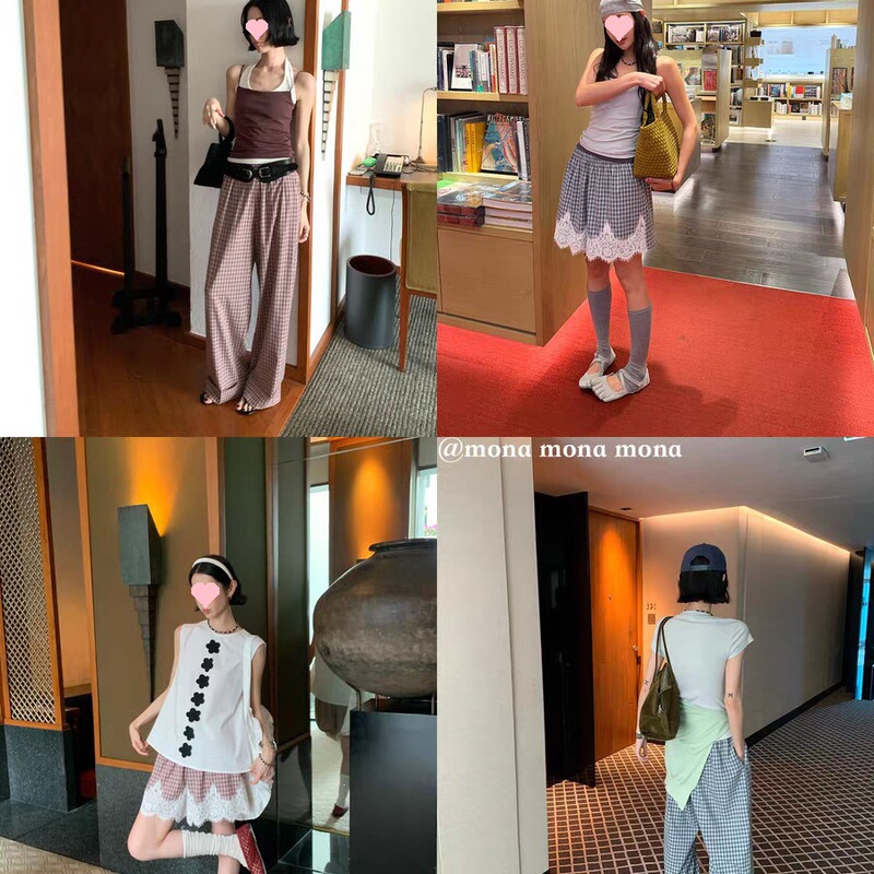 In stock Mona Zhang Qixian [New Arrival 5.6] Elastic Waist Breathable Loose Plaid Long/Short Pants