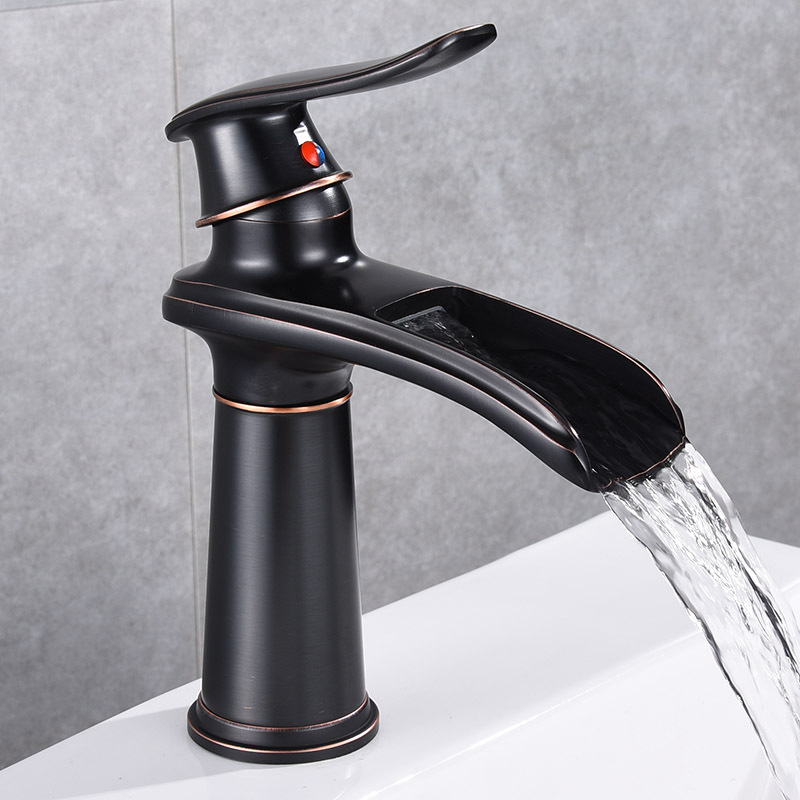 Cascada Cuenca del grifo de cobre caliente y fría lavabo mueble de baño negro lavabo de baño cuenca transfronteriza image 14