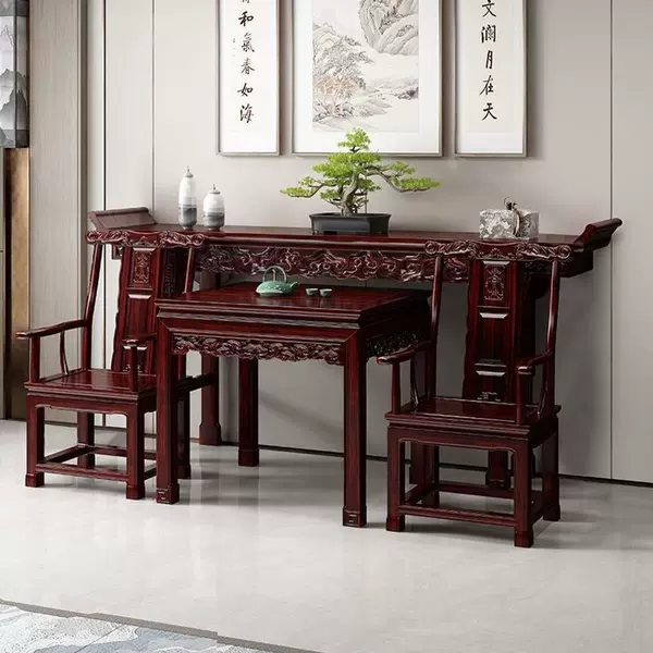 All-solid wood six-piece living room set with a central console table, altar table, and long table combination, new model