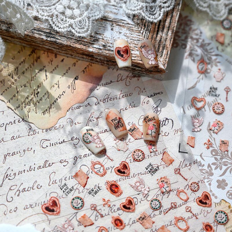 Vintage Artistic Style Heart Photo Frame Nail Stickers Ts4169 Little Angel Clock Key Planner Nail Stickers
