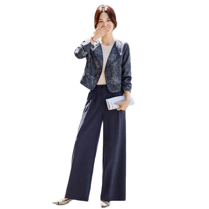高定时尚休闲西装套装女2025秋季新款显瘦长袖短外套阔腿裤两件套|undefined