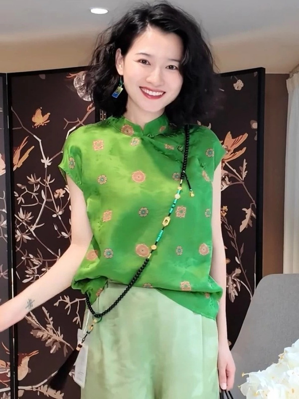 新中国式緑砕花立襟盤ボタン半袖シャツ女性夏高級感軽贅沢国風上着小香風|undefined