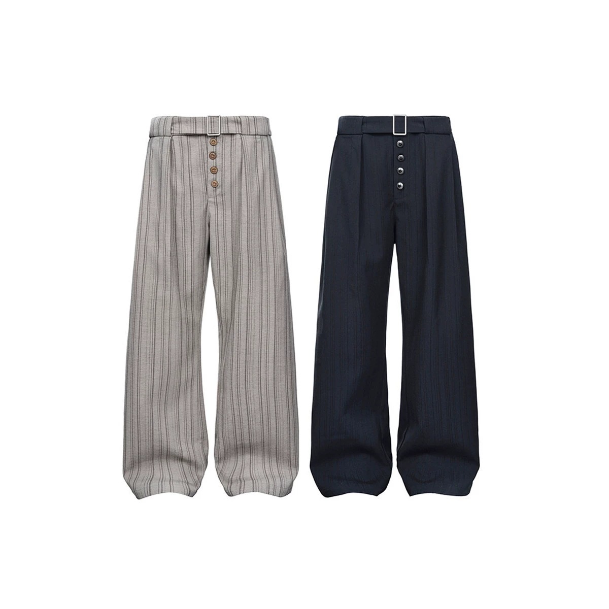 American retro cleanfit striped wide-leg trousers with button-down design, suitable for both men and women, with a relaxed, straight-leg style.