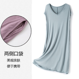 Modal Nightdress Summer V-neck Thin Cool dress Women's Sleeveless Solid Color Pocket Loose Outer Wear Midi Dress