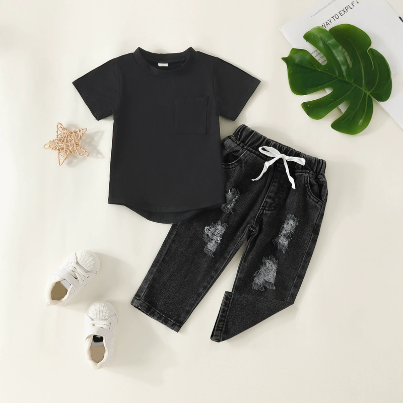 Cross-border foreign trade spring and autumn children's baby solid color round neck short sleeve T-shirt with holes Denim trousers suit Cross-border foreign trade spring and autumn children's baby solid color round neck short sleeve T-shirt with holes Denim trousers suit