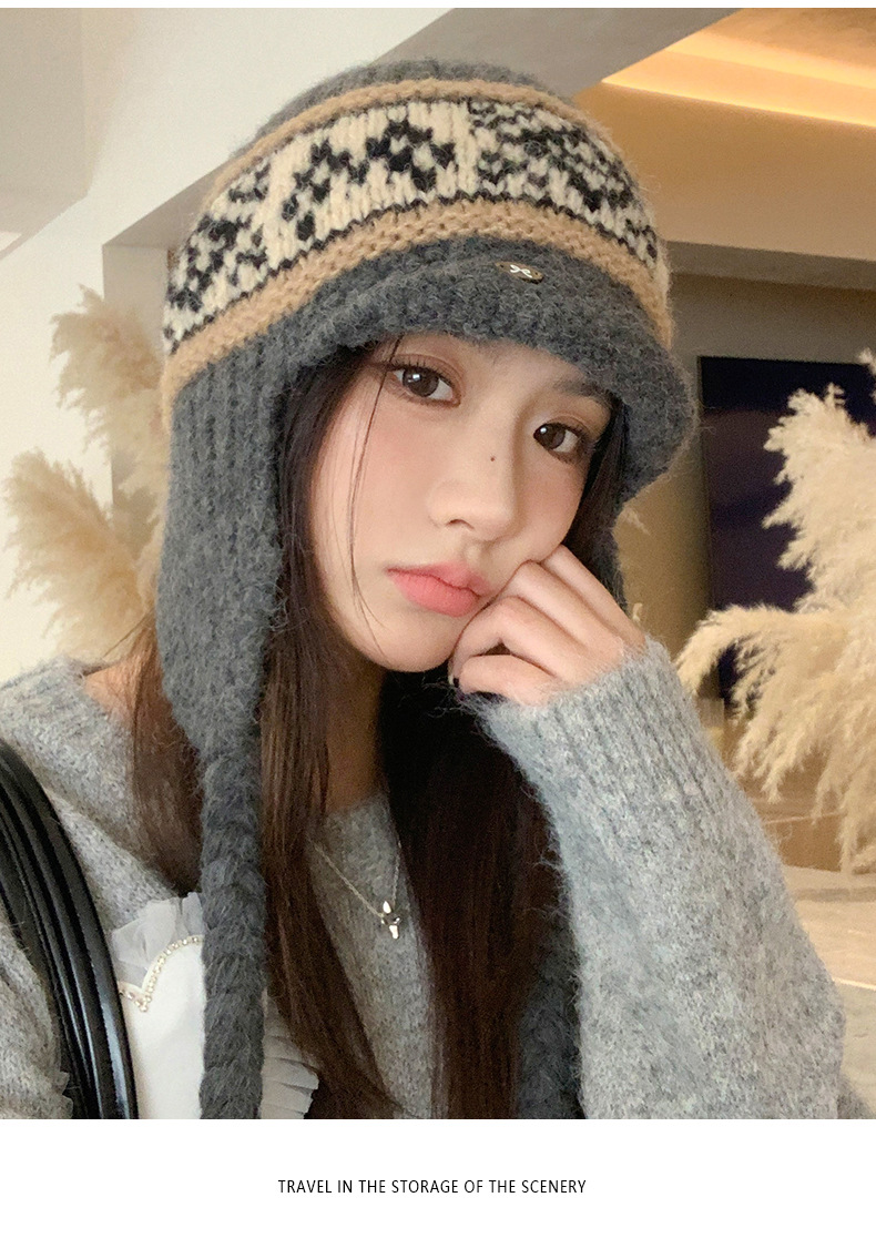 Fair Isle Style Retro Knitted Wool Autumn Winter Fleece Lined Thickened Warm Ear Protection Versatile Large Head_voghion.com