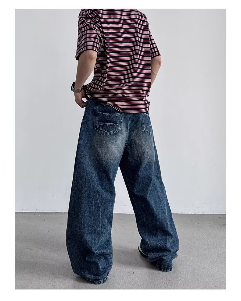 American Style Rivet Lightning Denim Jeans For Men And Women, Wide-Legged Distressed Wash Vintage Drop-Crotch Trousers, Trendy Streetwear Design_mkmklike.com