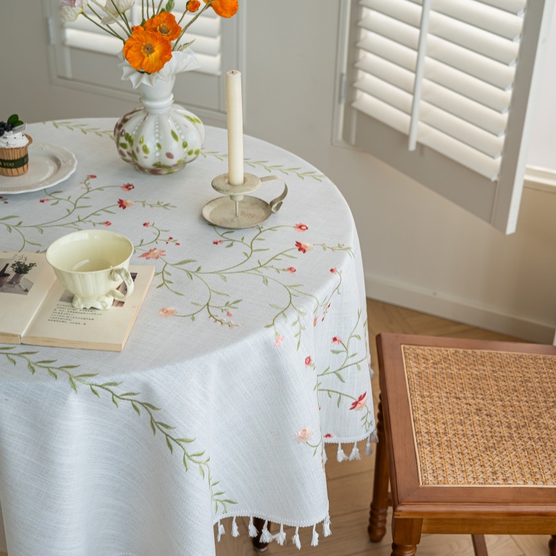 Cross-Border Cotton and Linen Embroidered Round Tablecloth, Fresh Style Dining Tablecloth, Coffee Table Cloth, Waterproof and Oil-Proof, High-End Tablecloth Cover