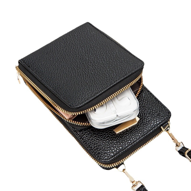 Women's delicate fabric practical multifunctional women's one shoulder double layer mobile phone bag retro wallet_voghion.com
