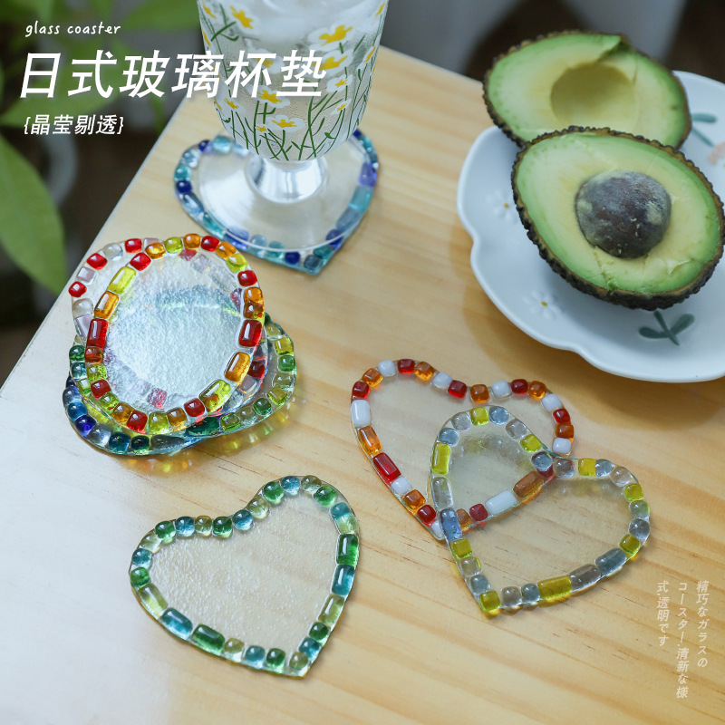 高颜值创意日式高硼硅耐热玻璃杯垫小清新爱心椭圆款家用透明杯垫