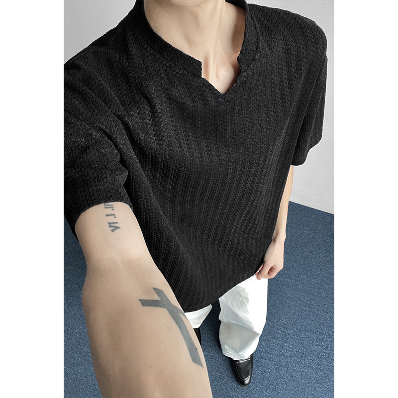 Herringbone Pattern V-neck Short-sleeve T-shirt Men, Summer Trendy American-style Clothing, Loose Fit, Heavy-duty_voghion.com