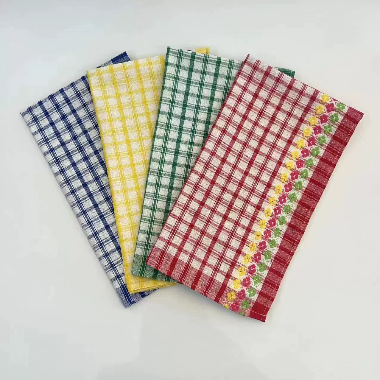 Производитель оптом жаккардовые кухонные полотенца с цветочным принтом сливы, клетчатым краем, хлопковая ткань, устойчивая к складкам и износу, готовые кухонные полотенца