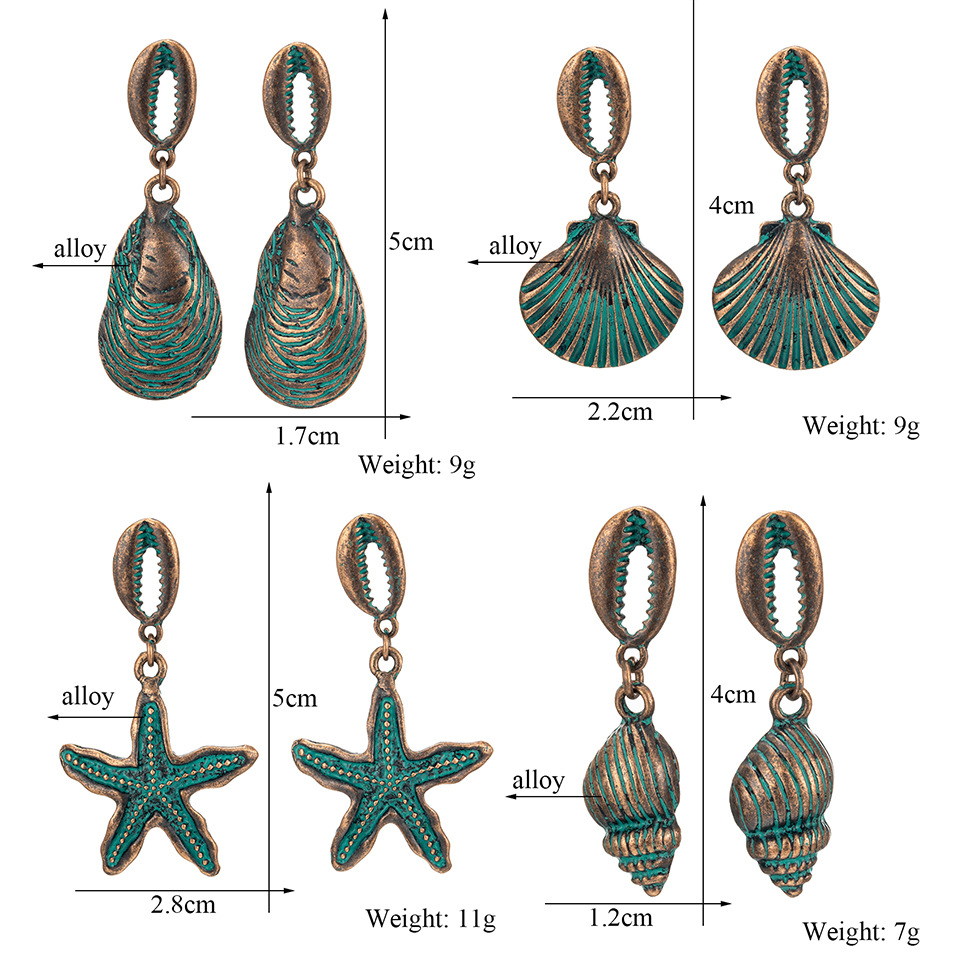 Europe And America Cross Border New Women's Electroplating Metal Alloy Earrings Starfish Shell Retro Personality And Minimalism Eardrop Earring Wholesale display picture 1