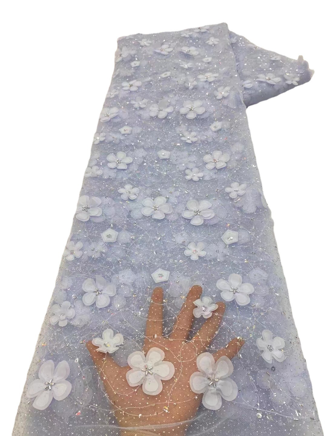 Tela de encaje de flores tridimensional con cuentas ropa infantil fresca vestido de hadas tela de encaje bordado JX3429