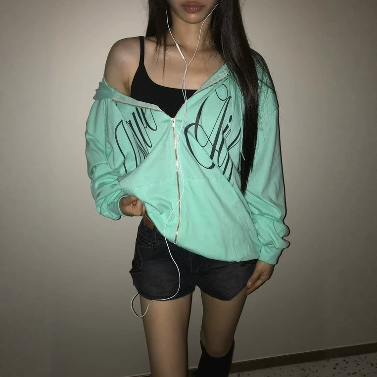 2026 Mint Green Loose Fit Drop Shoulder Hooded Zipper Cardigan for Women with American Handwritten Cursive Letter Print, Casual Sweatshirt