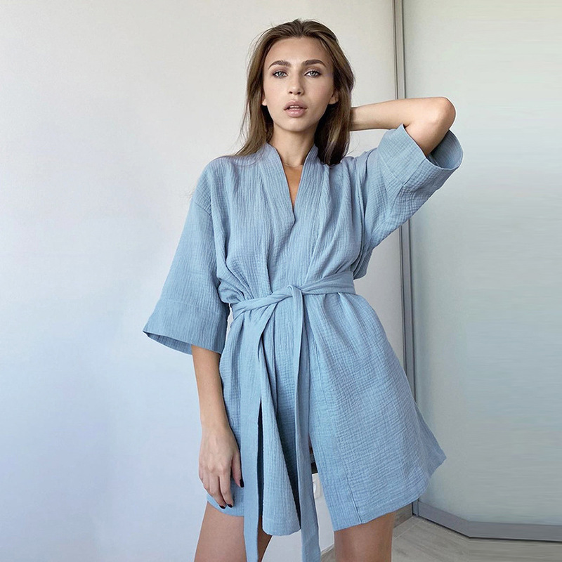 2026 Spring and Summer New European and American Style Short-Sleeved Pajamas, Crepe Short Nightgown, Sauna Suit, Bathrobe, Casual Women's Home Wear