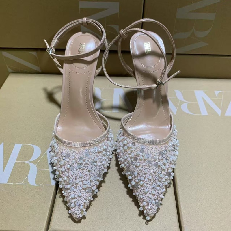 Za Baotou Sandals Black Sequin Women's Pointed Toe Mesh Strap Shoes Fashion Stiletto High Heels Sandals and Slippers