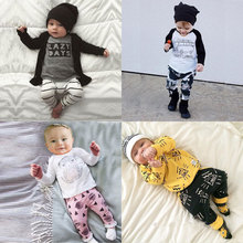 外贸INS爆款 欧美婴儿装 春秋装长袖T恤英文字母印花条纹裤套装