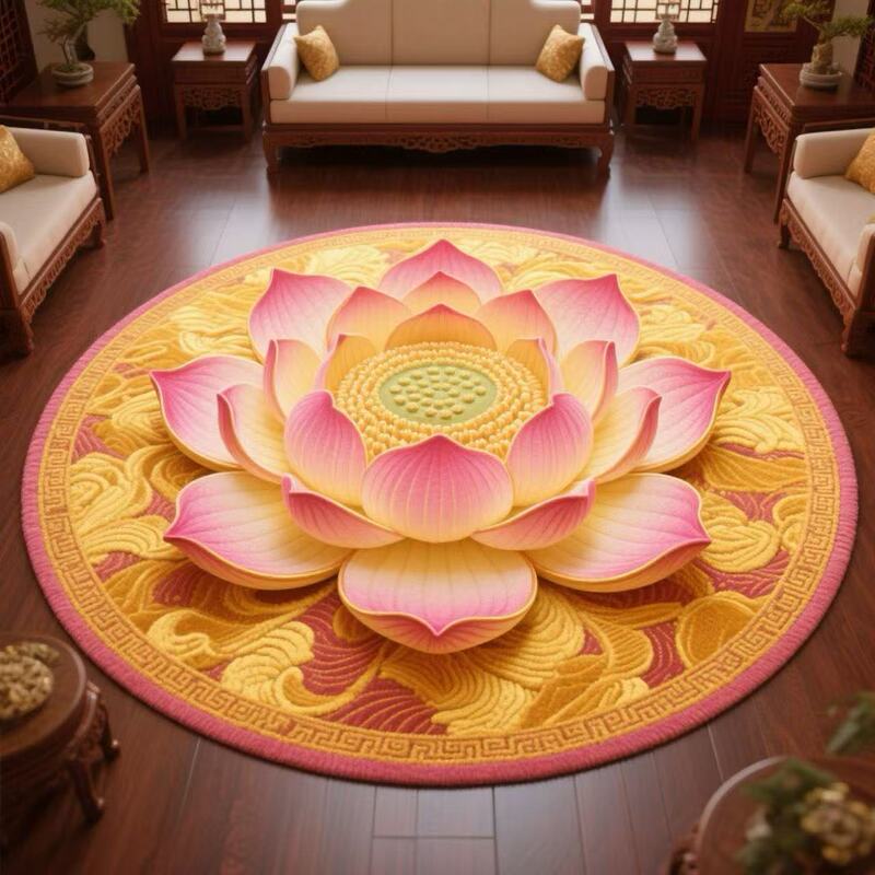 地毯莲花跪拜跪垫圆形立体满铺水晶中式荷花卧室地垫古典客厅家用|undefined