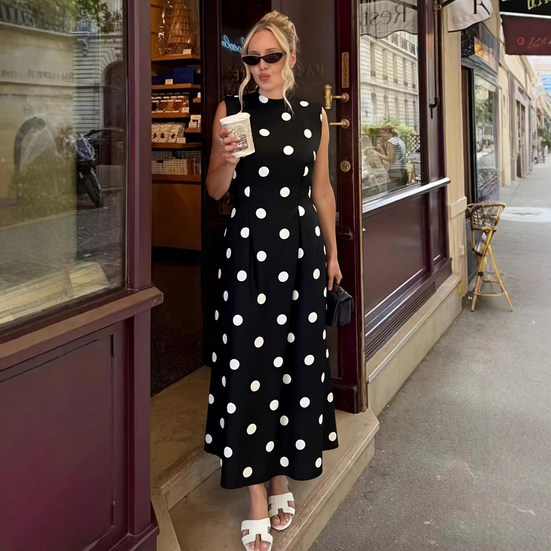 French-Style Retro Polka Dot Sleeveless Dress for Women, Summer Elegant Waist-Cinching Slimming Long Dress, Hepburn-Style Little Black Dress French-Style Retro Polka Dot Sleeveless Dress for Women, Summer Elegant Waist-Cinching Slimming Long Dress, Hepburn-Style Little Black Dress