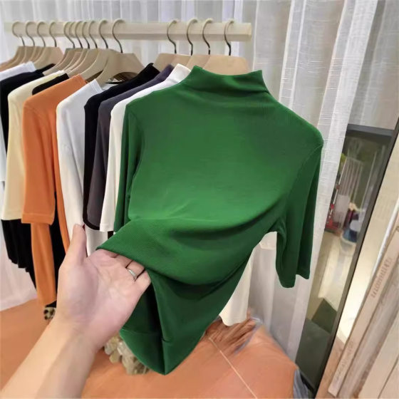 Base Shirt Women's Summer Interior Slim-fit Mid-sleeve Top Stylike 2025 New Light Mature Style Semi-high Collar Sweater