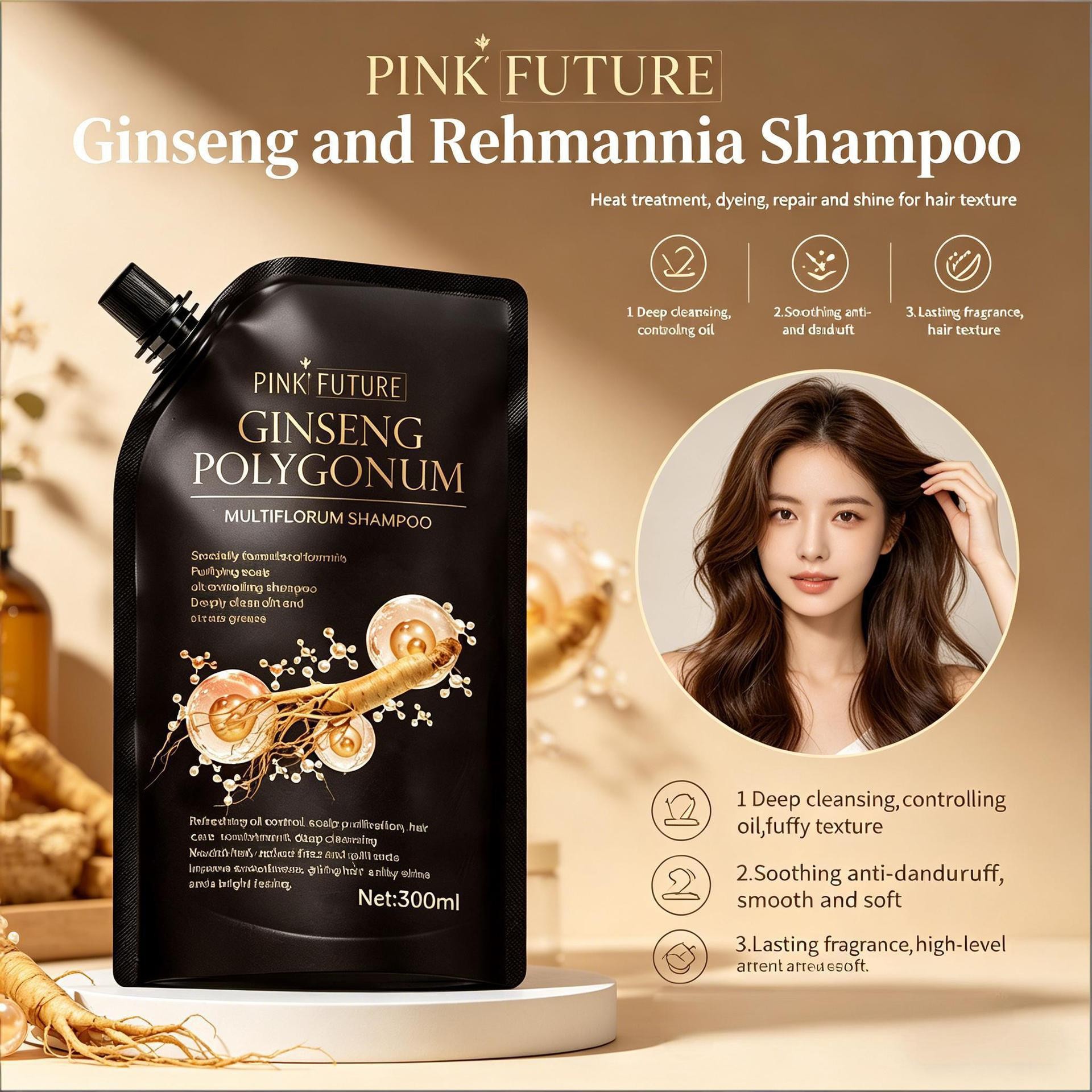 Cross-border bestseller PINKFUTURE Ginseng and Polygonum multiflorum shampoo for dandruff removal, itch relief, oil control, and volumizing, available for foreign trade wholesale