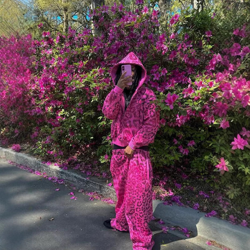 European and American Y2K New Style Personalized Leopard Print Hooded Long-Sleeved Sweatshirt Jacket Comfortable Casual Trendyy Sports Sweatpants