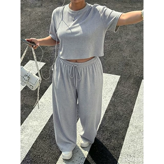 跨境大码女装休闲两件套圆领短款短袖T恤抽绳高腰阔腿裤宽松套装