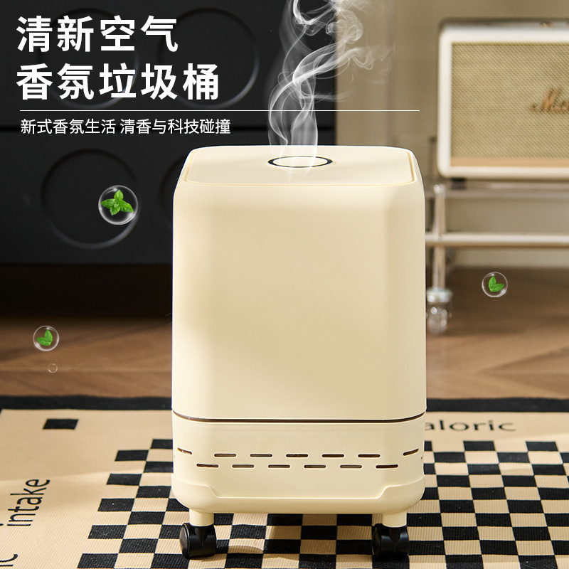 Household Trash Can with Fragrance, Press-Open Lid, Storage Bin with Wheels, Movable Cleaning Bin, Toilet Adsorption Sanitary Bin