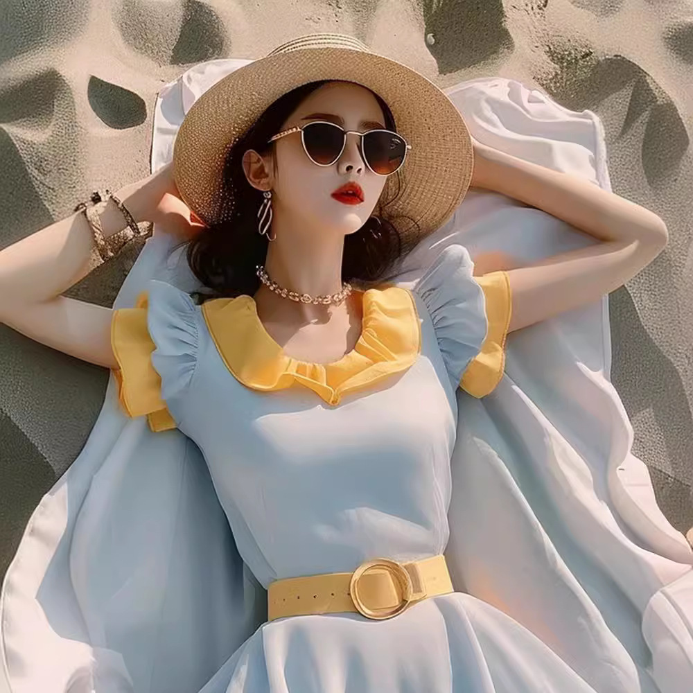 Váy maxi nữ giả hai mảnh phối màu tương phản, thiết kế thắt eo, phong cách Pháp — Màu sắc tương phản vàng và xanh