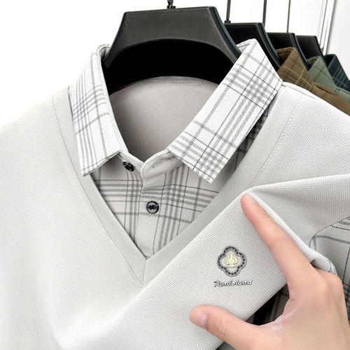 Men's 2024 Spring and Autumn Long-Sleeve Glued T-Shirt, Pseudo Two-Piece Casual Grid Base Shirt with Stripes, Mid-Age Top