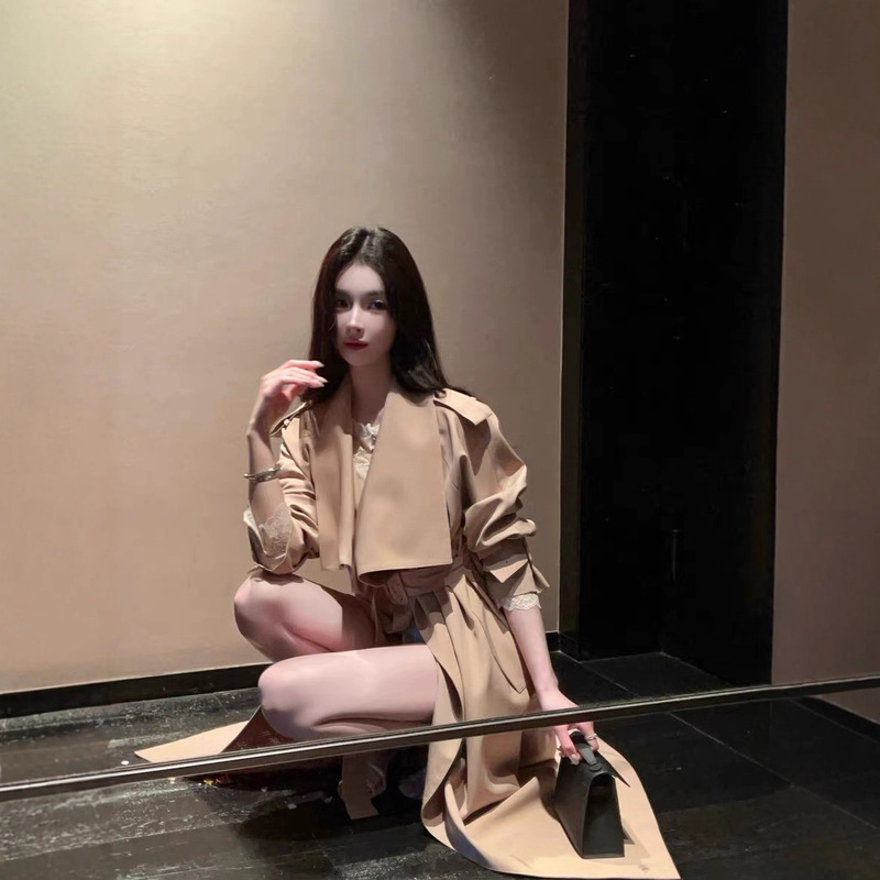 FairyJiang秋季新款翻领卡其色风衣外套女长款收腰休闲大衣含腰带|undefined