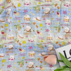 纯棉双层皱布纱布绉布数码直喷印花面料沙滩睡衣家居服口水巾布料