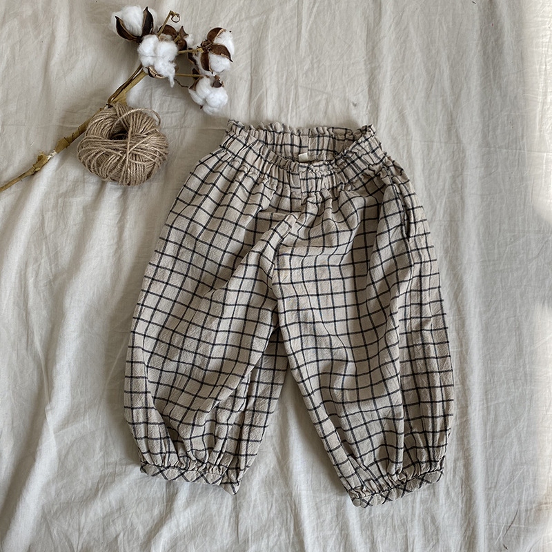 夏季新款寶寶燈籠褲格子女童九分褲韓版男童棉麻防蚊褲洋氣褲子