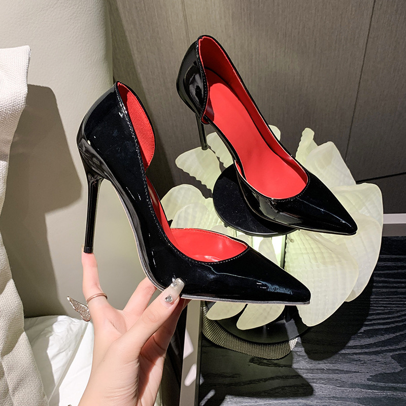 High-Heeled Shoes for Women, Thin Heels, Black with Red Soles, 10cm Large Size Pointed-Toe Single Shoes, Office High-Heeled Shoes