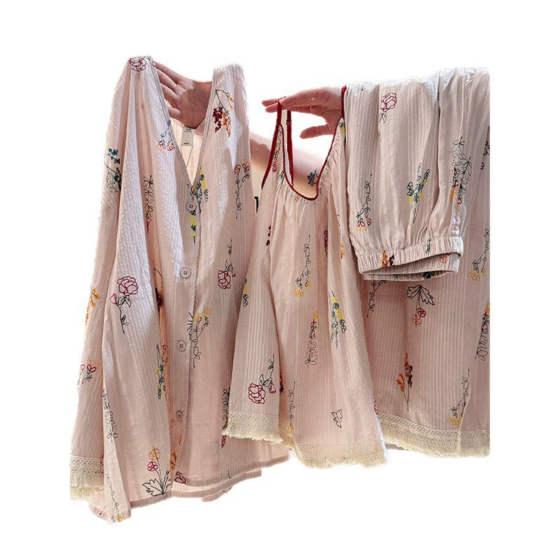 Cute retro spring pijama, summer trousers, cardigan, set, V-neckline, flowered, 3 piece set