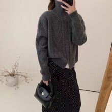 2025秋冬跨境高领长袖麻花宽松显瘦针织开衫上衣慵懒风毛衣女外套