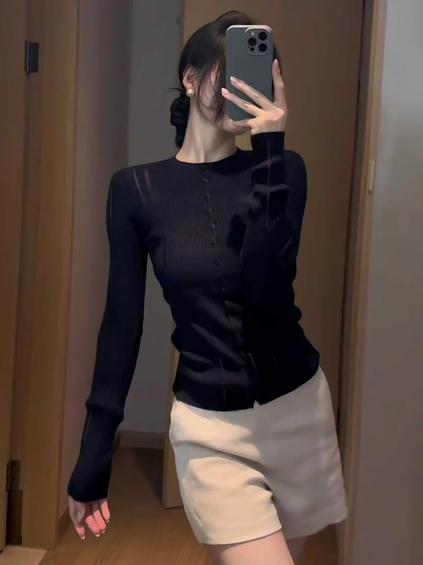 早秋镂空v领长袖针织衫秋装女款2025新款修身打底衫上衣女春秋季|undefined