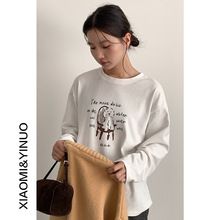 【欧凡】软糯云朵绒小狗印花磨毛宽松长袖t恤女冬百搭打底衫11006