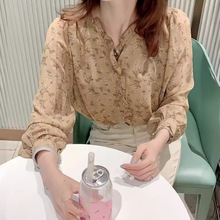 2024年新款小衫韩版洋气温柔风碎花雪纺衫女长袖打底衫泡泡袖上衣