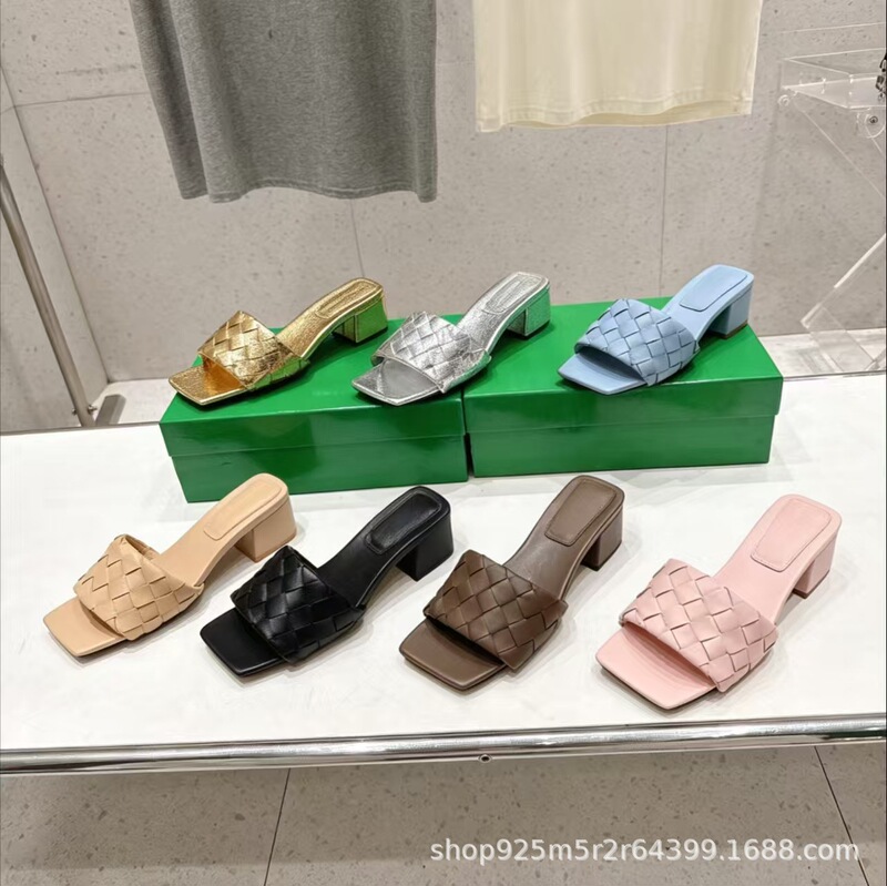 High-End 2026 Summer Genuine Leather Square-Toe Woven Open-Toe Chunky Heel High-Heeled Slippers Versatile Fashion Export Sandals