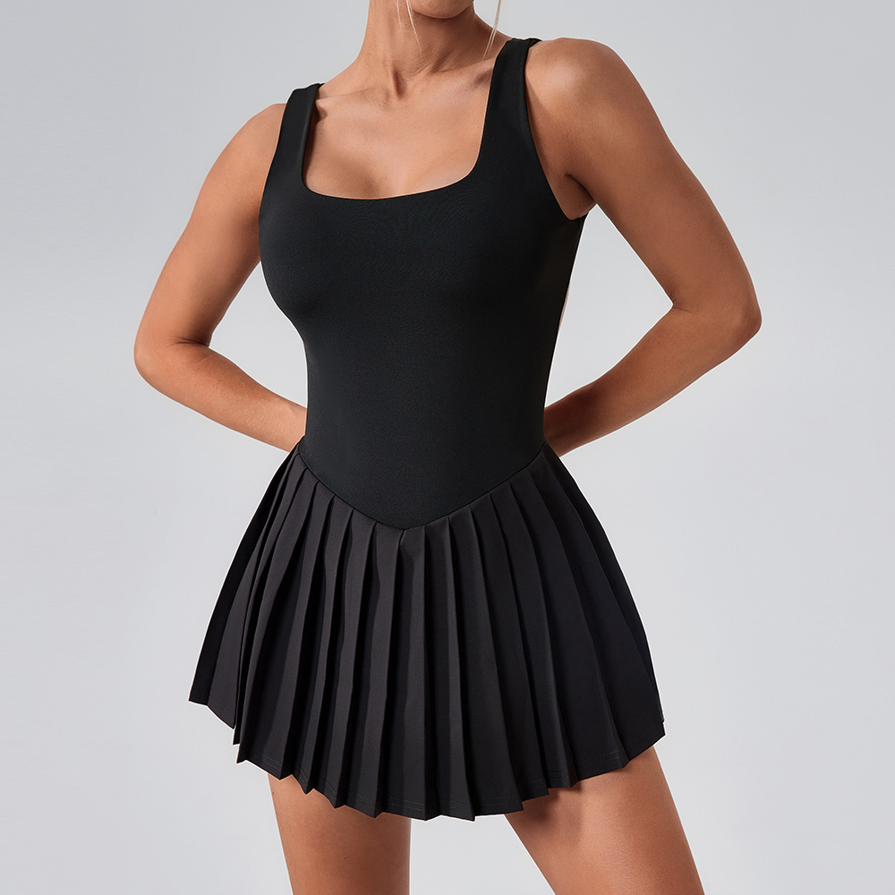 Vestido de yoga deportivo sin mangas Fitness Falso de dos piezas Falda plisada de bolsillo antibrillo Falda de tenis para correr