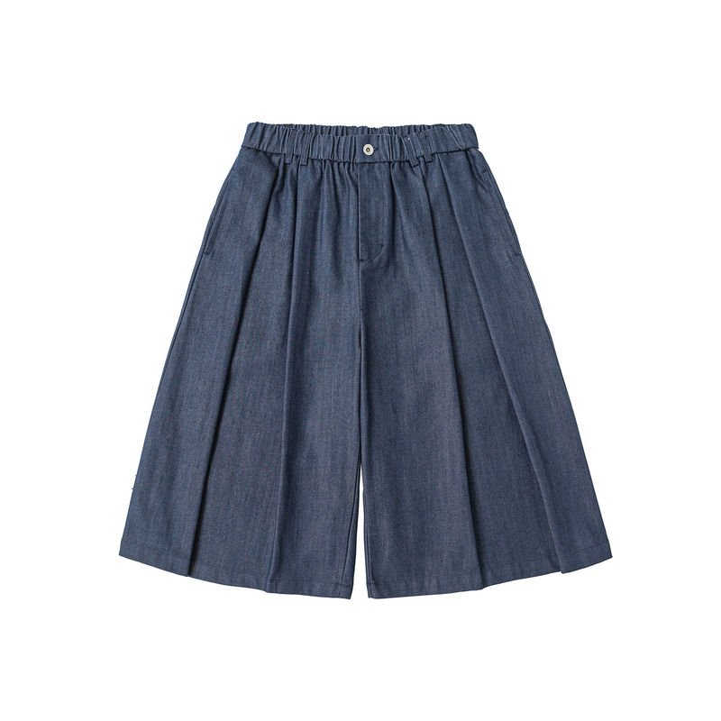 PLANETMUSIC Japanese-style design faux denim loose wide-leg cropped pants summer casual elastic waist trendy pants