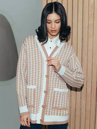 Women's Fashion Loose Casual Houndstooth Sweater - Light Apricot Coloured - View 1